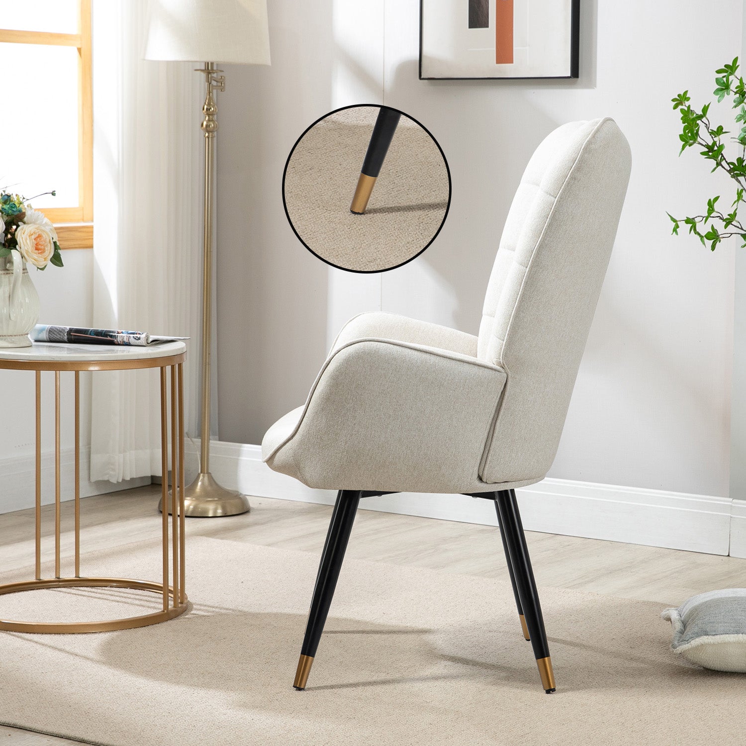 Scandinavian armchair with armrests in beige fabric with stitching - FUNKEL