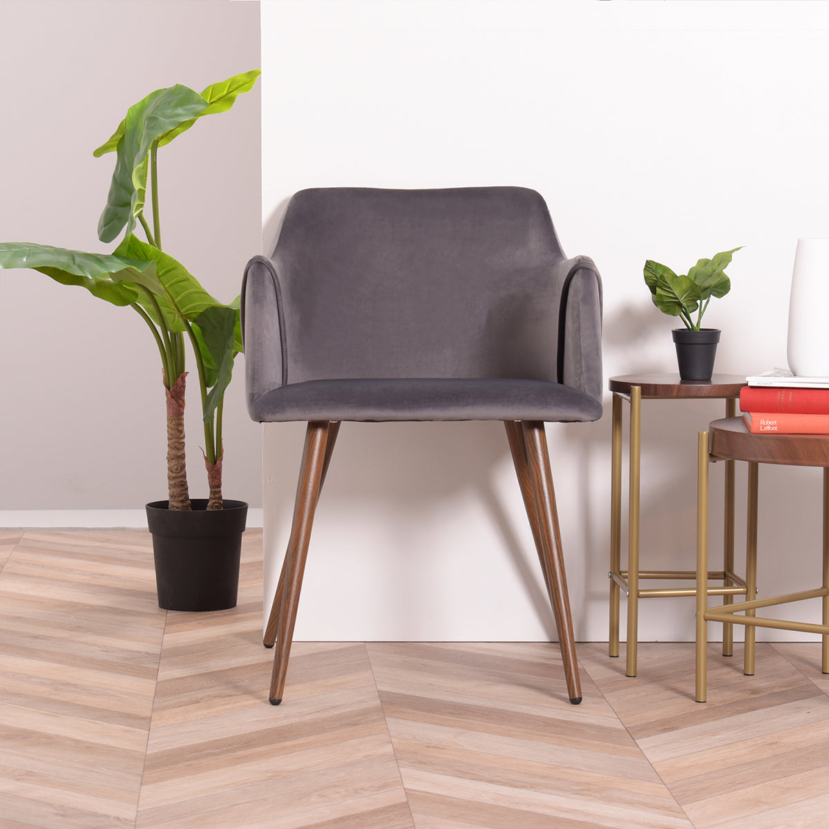 Set of 2 Scandinavian dining room chairs with padded seat, in gray velvet and imitation wood metal legs - ALDRIDGE GRAY