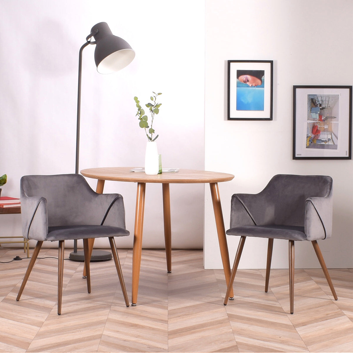 Set di 2 sedie da pranzo scandinave con seduta imbottita, in velluto grigio e gambe in metallo simil legno - ALDRIDGE GREY