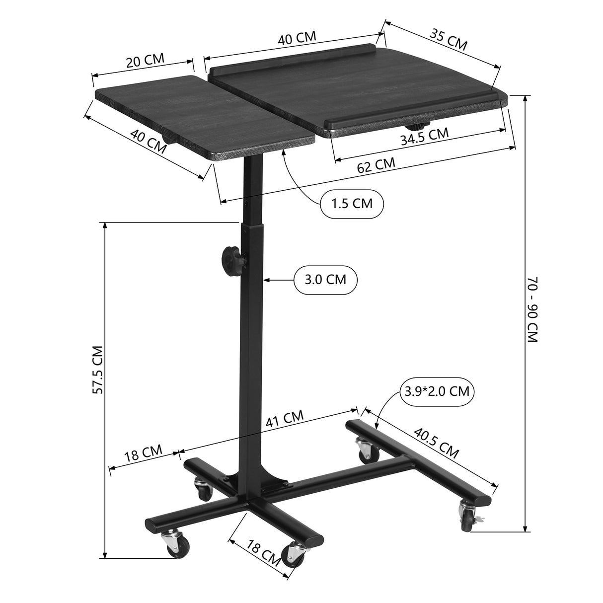 Drehbarer Computertisch/Ständer mit Rollen und verstellbarer Höhe – AMALTHEA BLACK WOOD