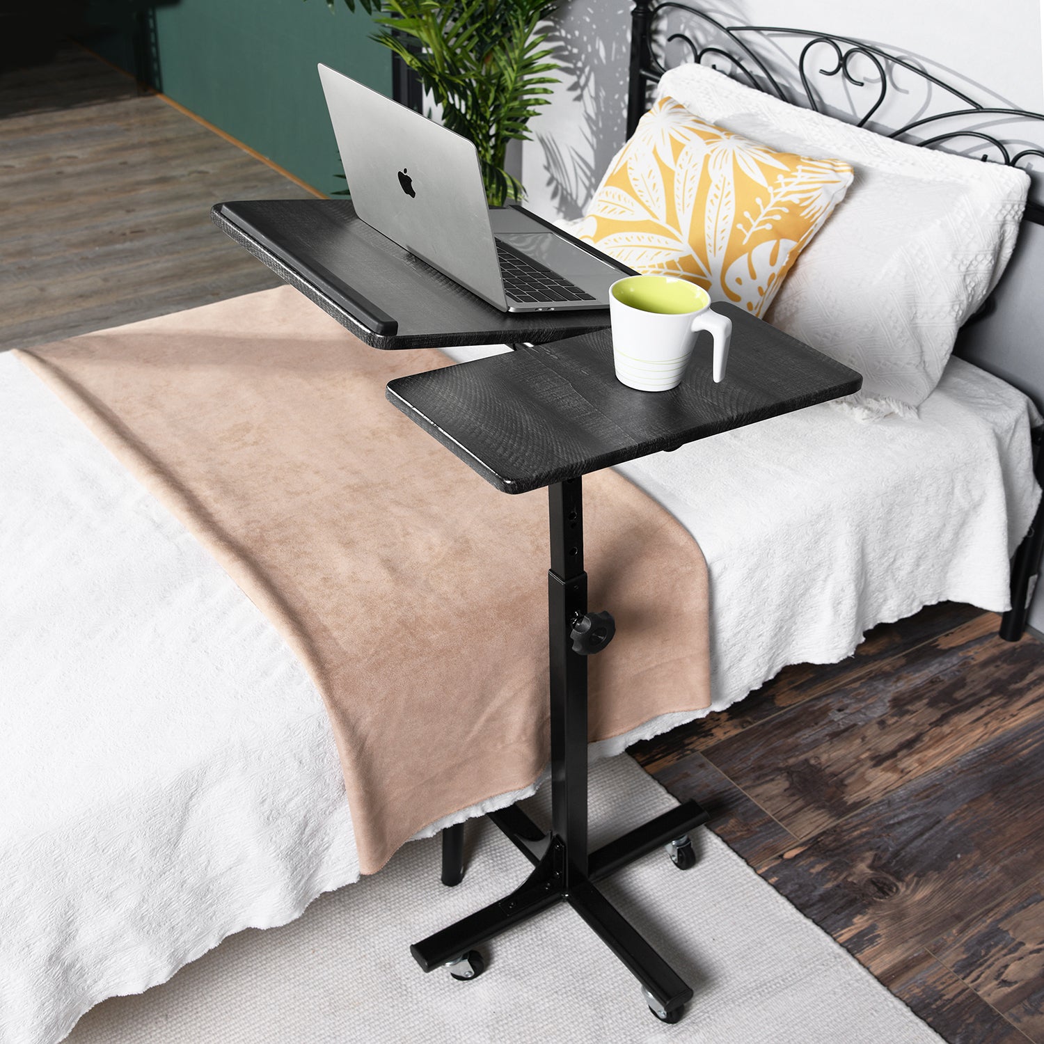 Swivel computer table/stand with casters and adjustable height - AMALTHEA BLACK WOOD