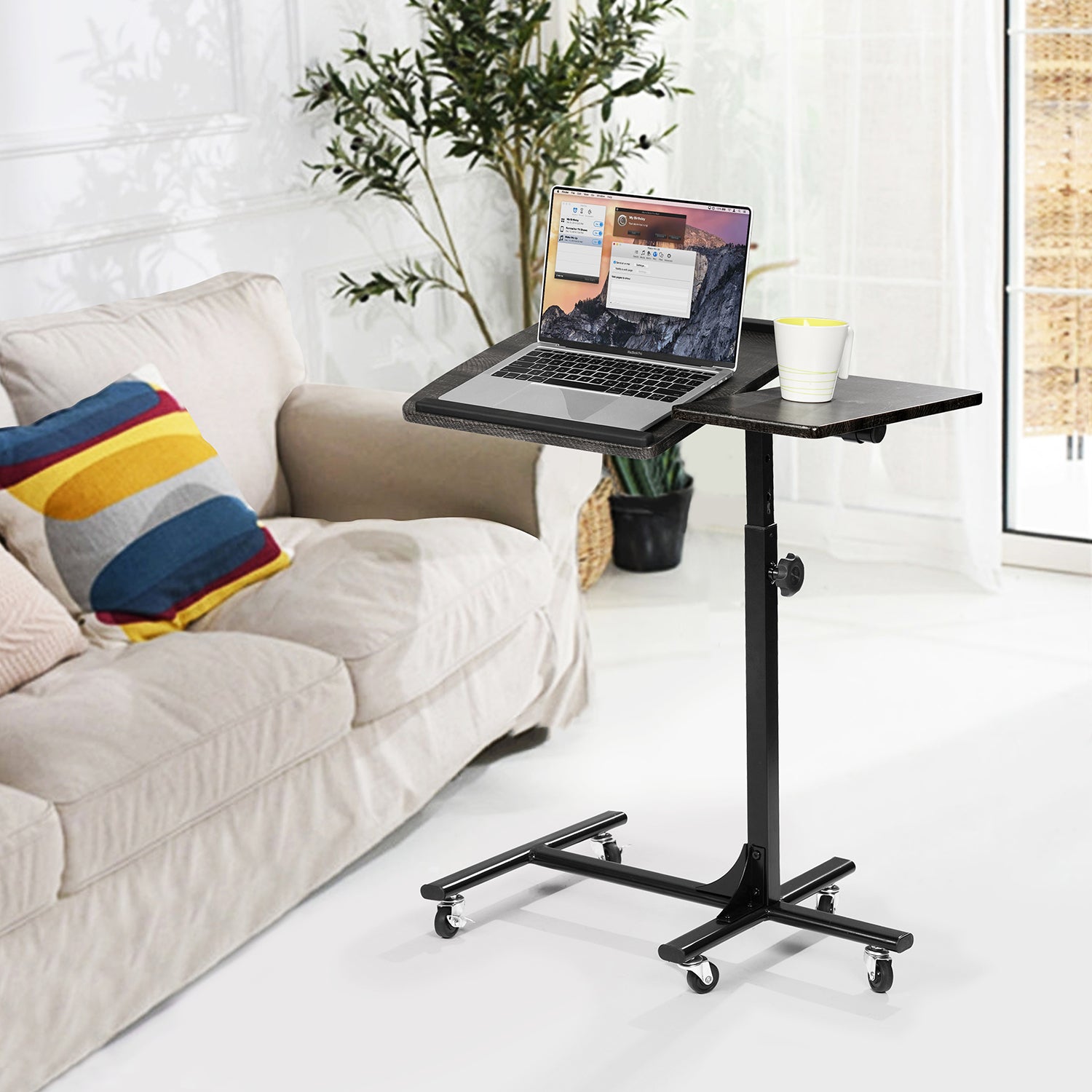 Swivel computer table/stand with casters and adjustable height - AMALTHEA BLACK WOOD