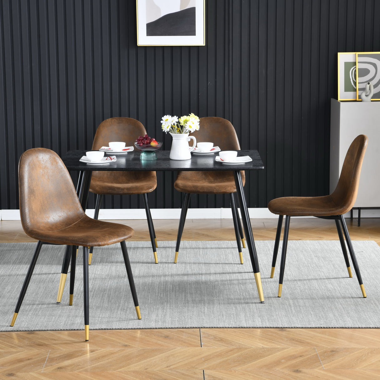 Juego de 4 sillas de comedor retro en tejido efecto ante/gamuza, asiento acolchado y patas de metal negro y dorado - CHARLTON SUEDE BROWN BG