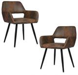 Set of 2 retro vintage dining room chairs with armrests and suede padded seat, black metal legs - CROMWELL BROWN