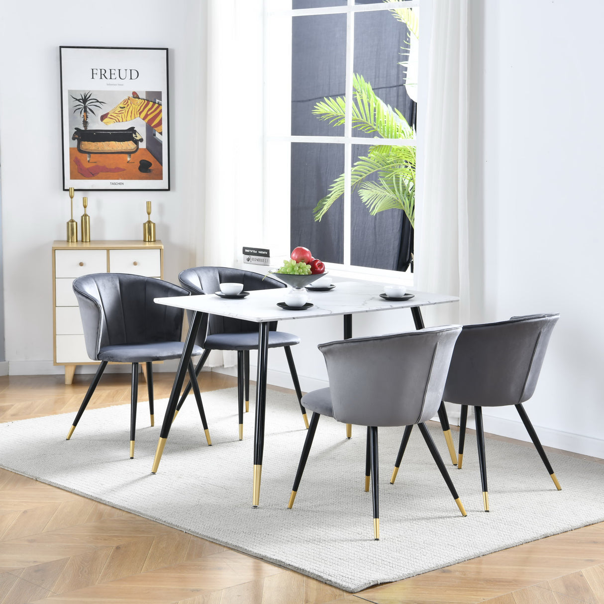 Conjunto de 2 sillas de comedor retro, en terciopelo gris y patas de metal negro y dorado - DONCIC DINING CHAIR GERY BG