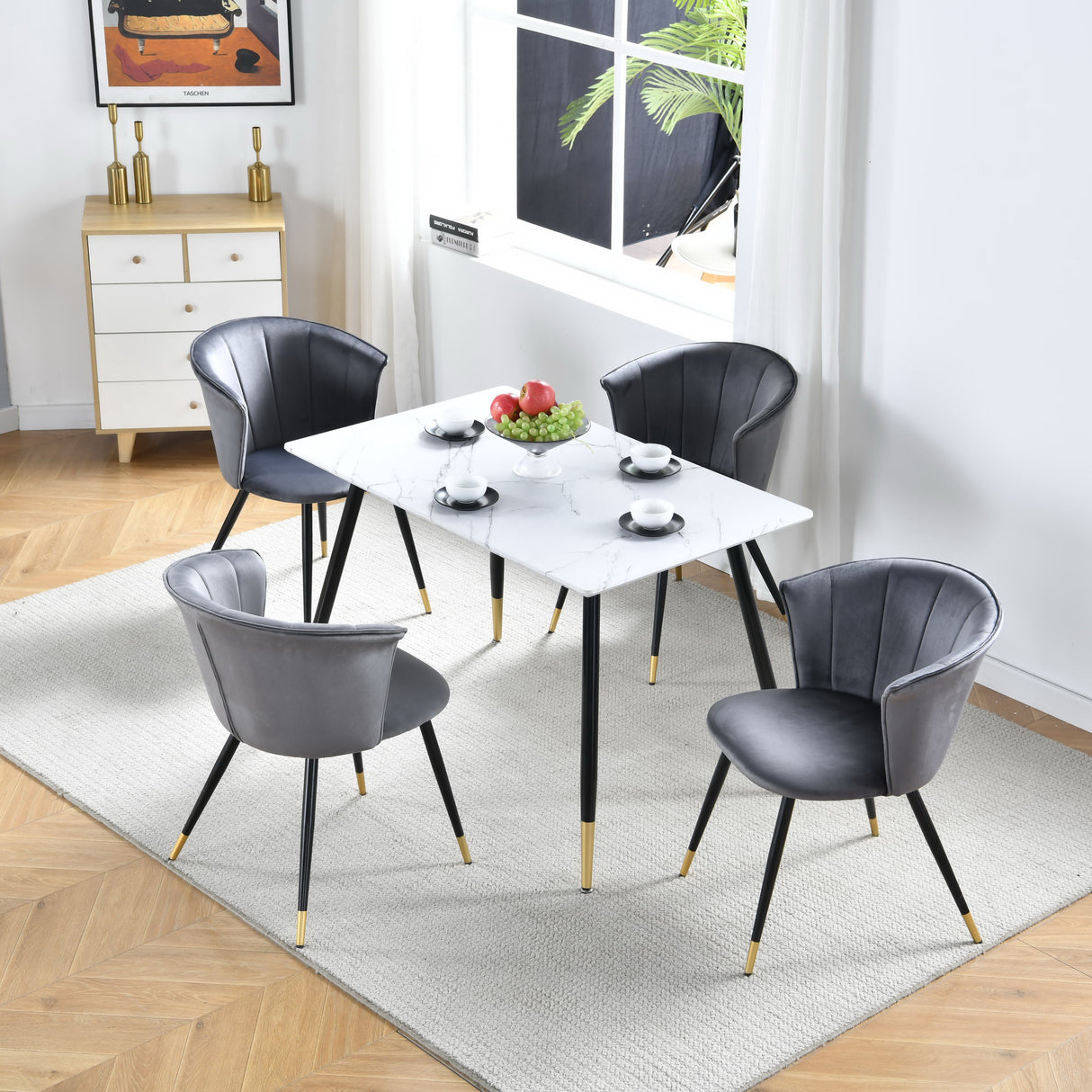 Lot de 2 chaises salle à manger rétro, en velours gris et pieds en métal noir et dorée - DONCIC DINING CHAIR GERY BG