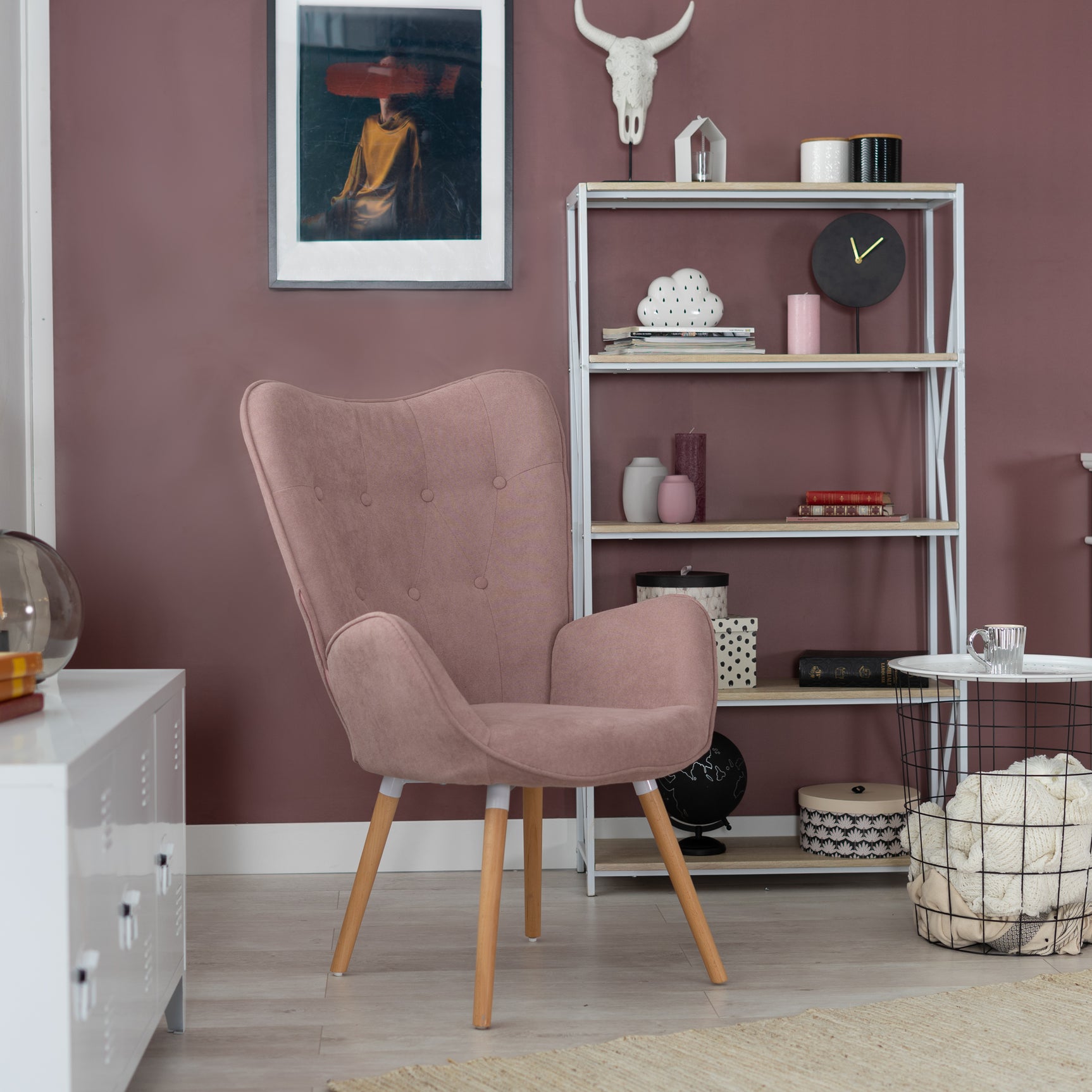 Scandinavian armchair padded with comfortable back with pink fabric armrests, solid beech wood legs - KAS PINK FABRIC