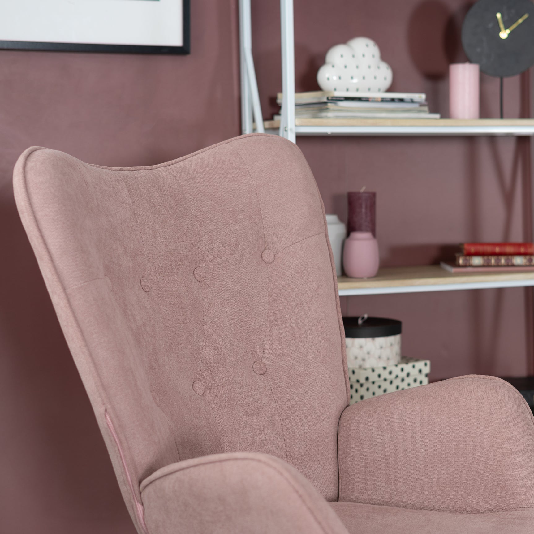 Scandinavian armchair padded with comfortable back with pink fabric armrests, solid beech wood legs - KAS PINK FABRIC