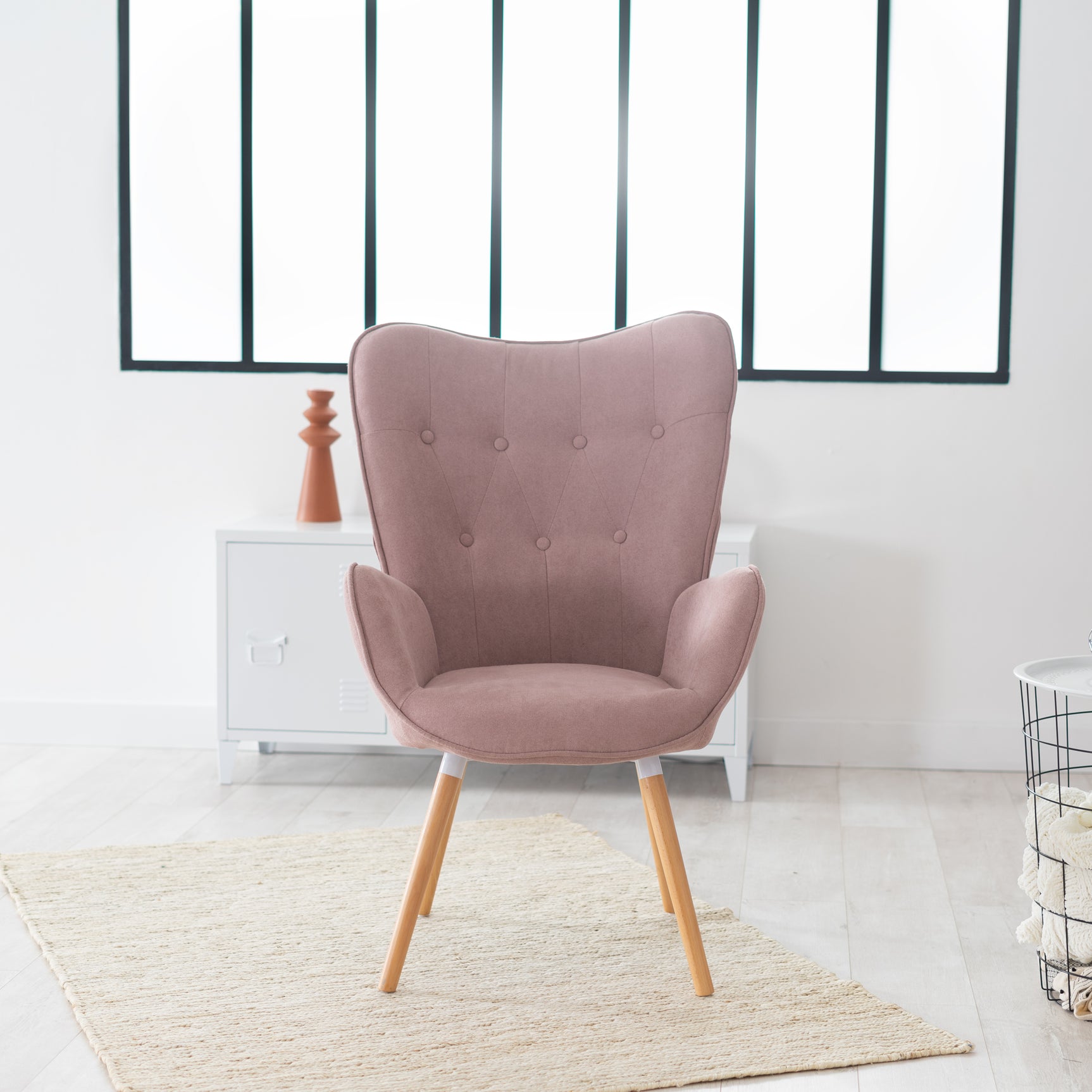 Scandinavian armchair padded with comfortable back with pink fabric armrests, solid beech wood legs - KAS PINK FABRIC