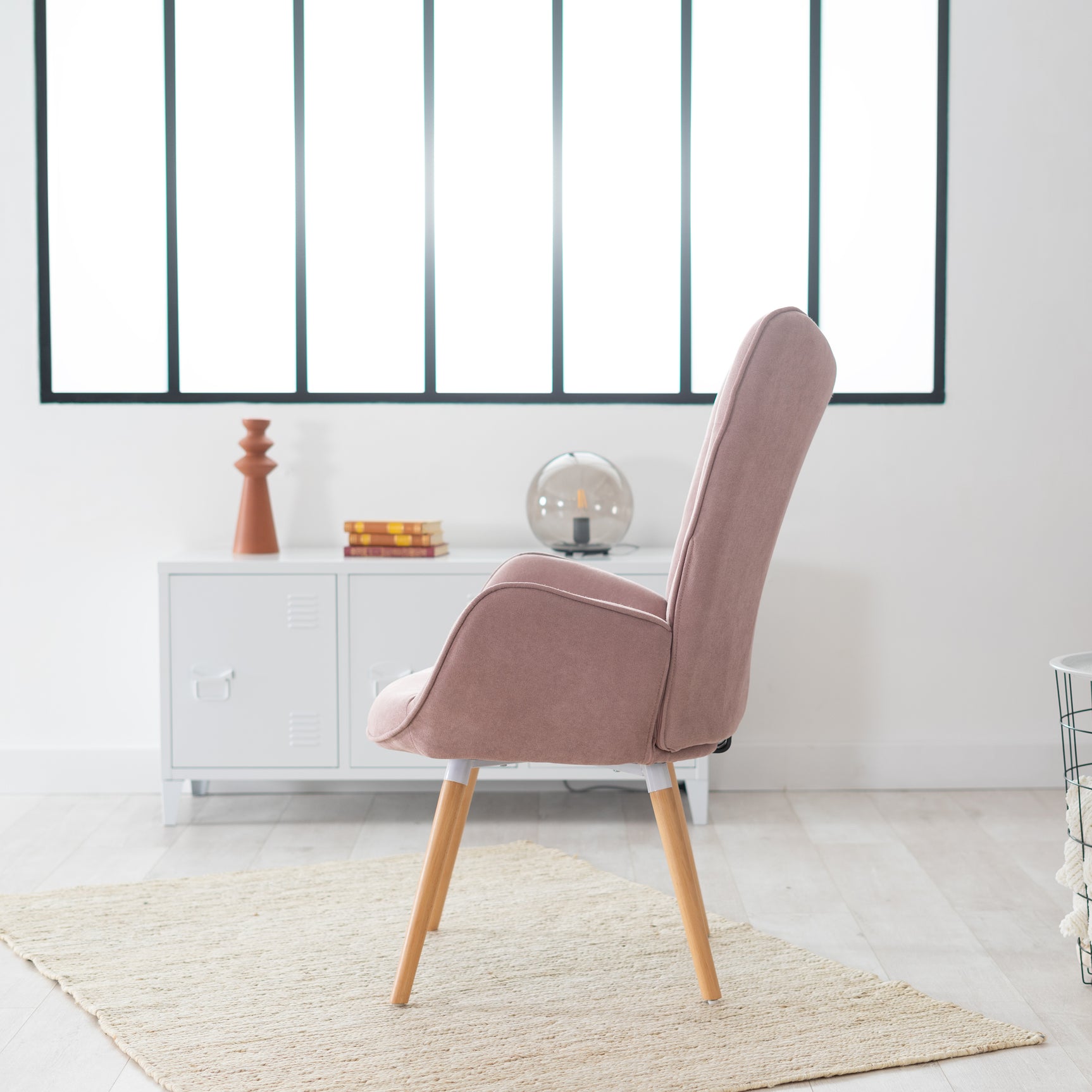 Scandinavian armchair padded with comfortable back with pink fabric armrests, solid beech wood legs - KAS PINK FABRIC