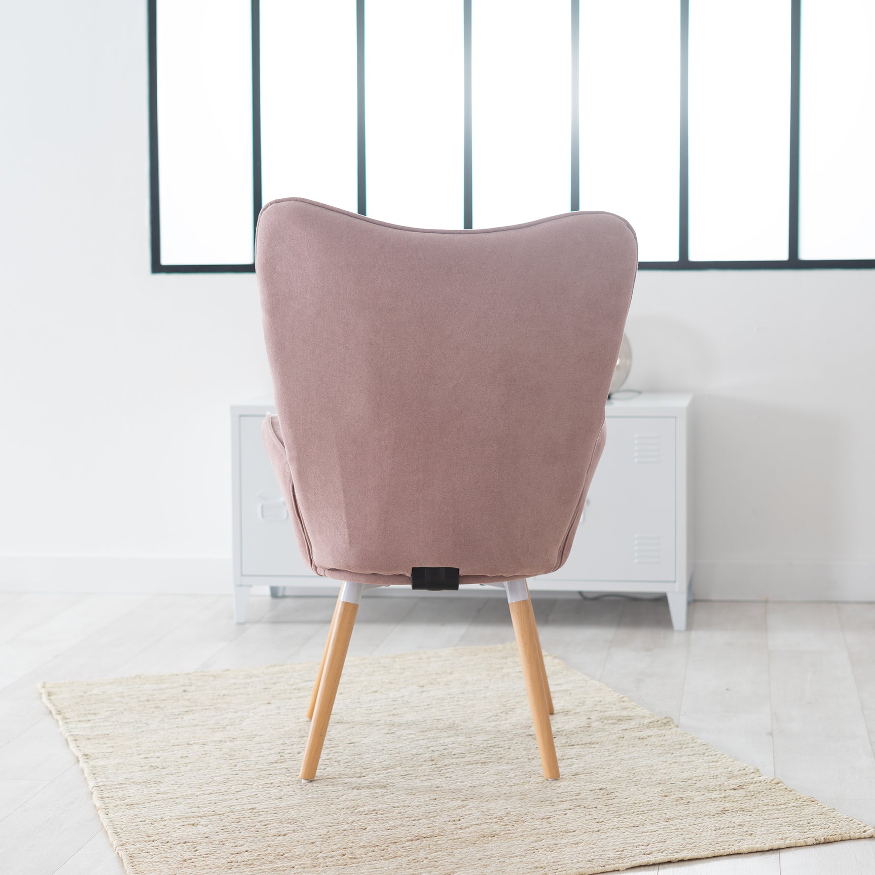 Scandinavian armchair padded with comfortable back with pink fabric armrests, solid beech wood legs - KAS PINK FABRIC