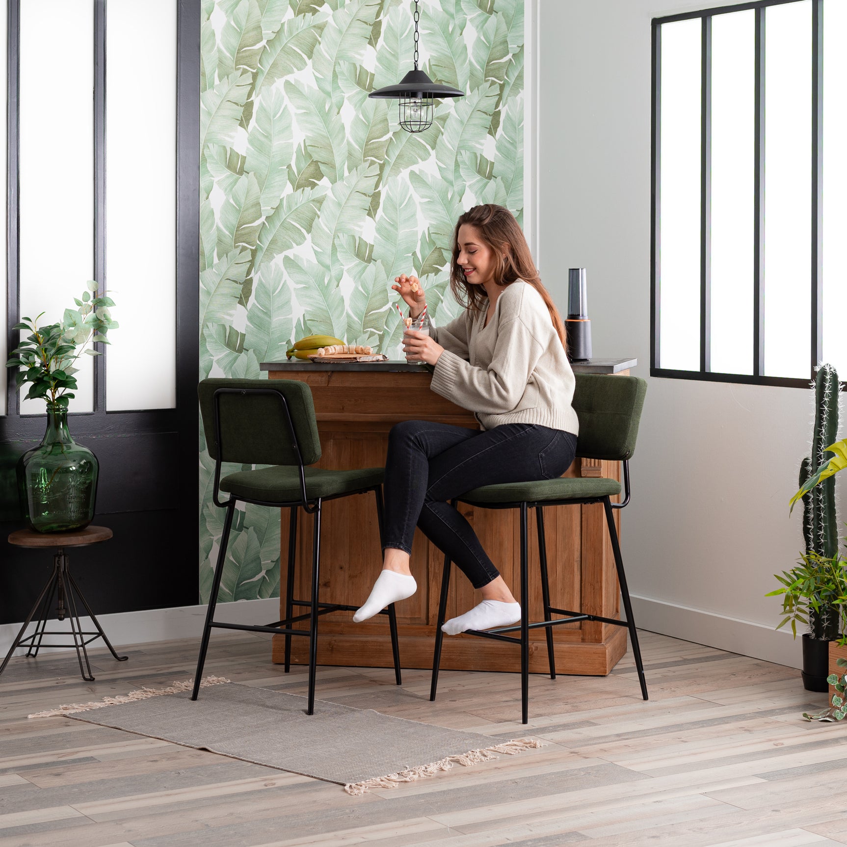 Set of 2 retro bar stools in green fabric, modern industrial comfortable high chairs - INDEPENDENCE BAR BOUTON