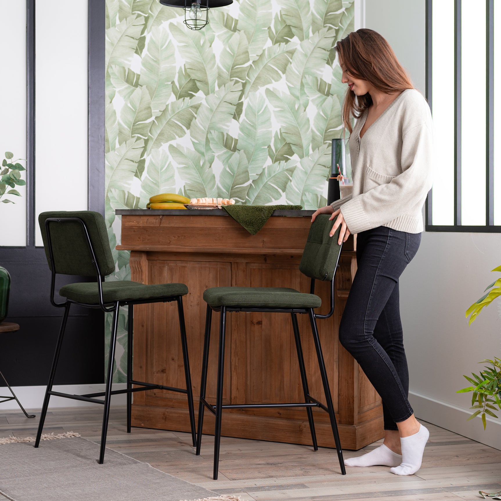 Set of 2 retro bar stools in green fabric, modern industrial comfortable high chairs - INDEPENDENCE BAR BOUTON