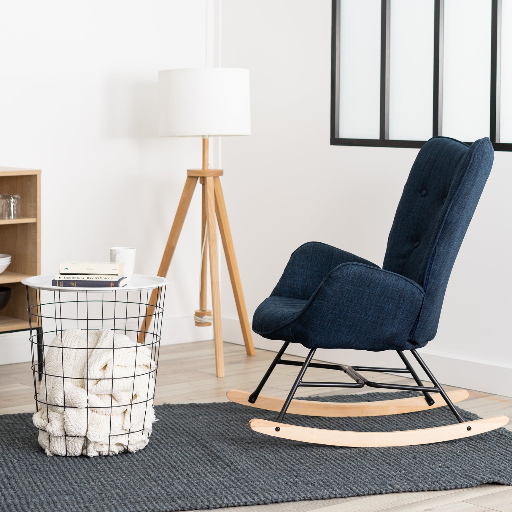 Comfortable rocking chair in blue fabric with armrests and padded back, and beech wood legs - EPPING DARK BLUE