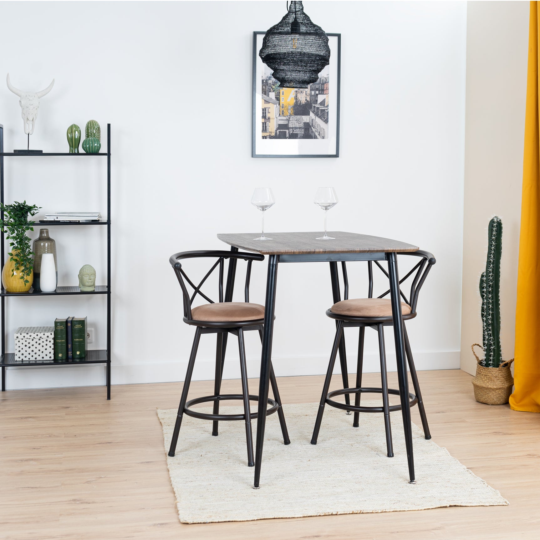 Set of 2 Industrial style kitchen bar stools with mocha-colored metal legs, 360° seat and footrest - HAILEY 24 INCH BROWN 2PCS