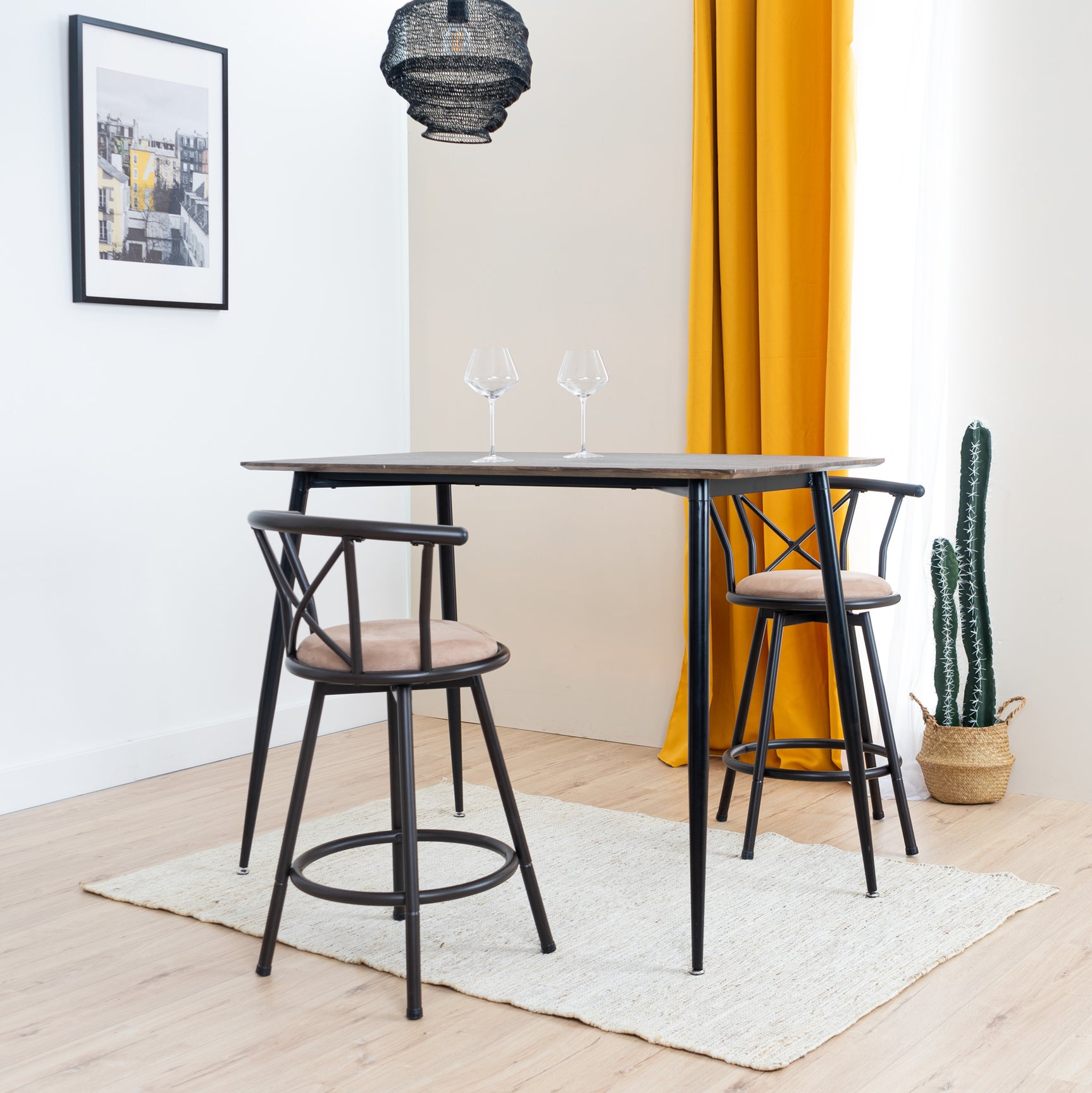 Set of 2 Industrial style kitchen bar stools with mocha-colored metal legs, 360° seat and footrest - HAILEY 24 INCH BROWN 2PCS