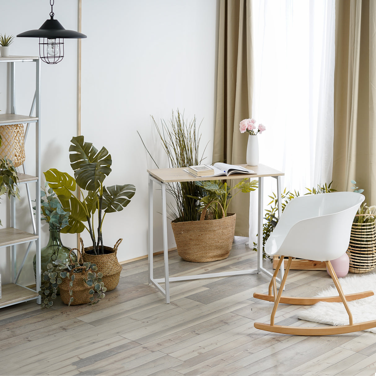 Bureau/table d'ordinateur pliable en bois de chêne avec pieds en métal blanc - ASCOLI OAK