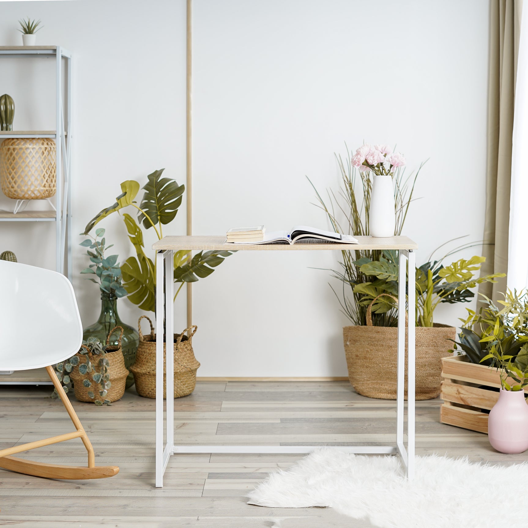 Foldable oak wood desk/computer table with white metal legs - ASCOLI OAK