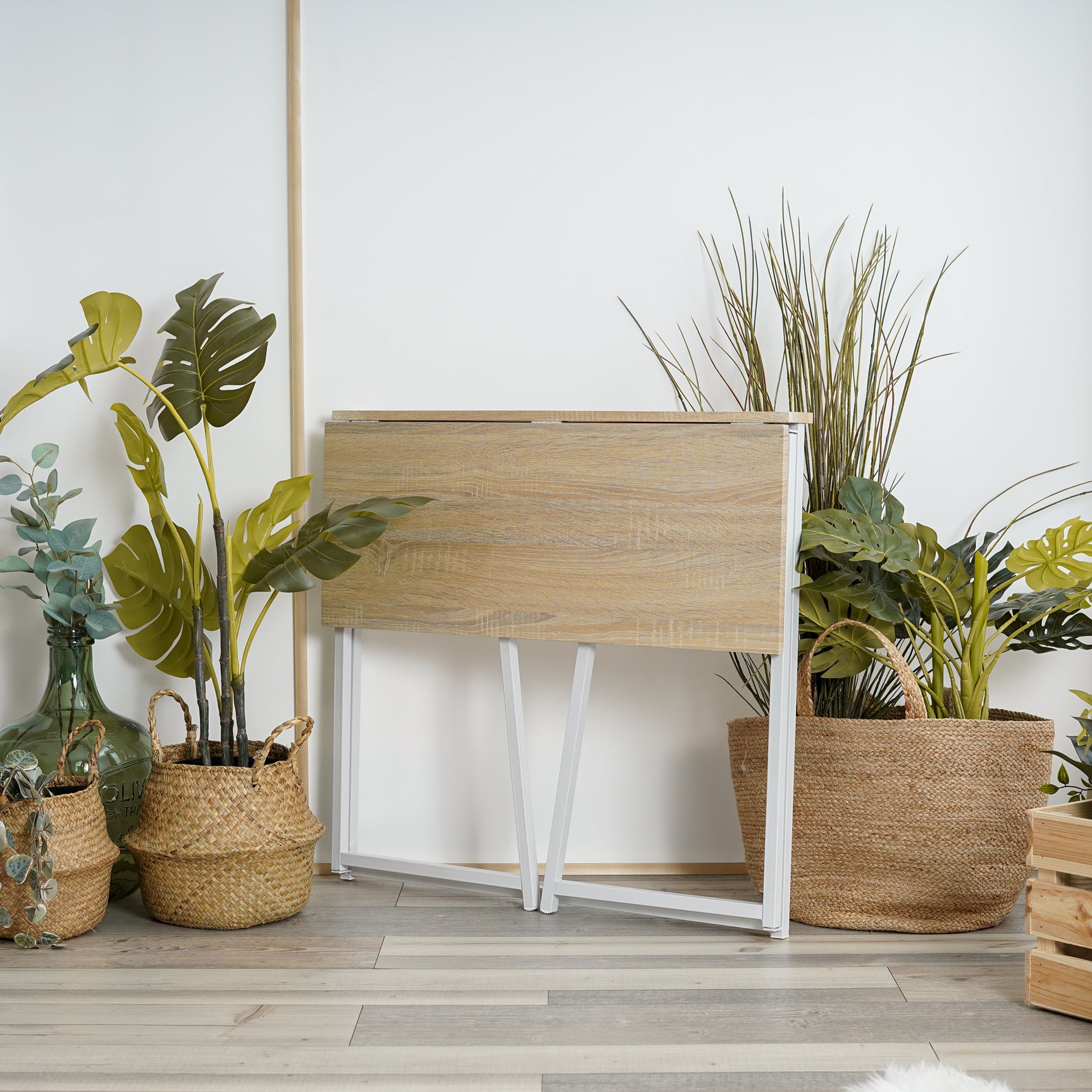 Foldable oak wood desk/computer table with white metal legs - ASCOLI OAK