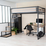 2-seater mezzanine bed (140x200) with slatted base in black and wood industrial style (mattress not included) - UP