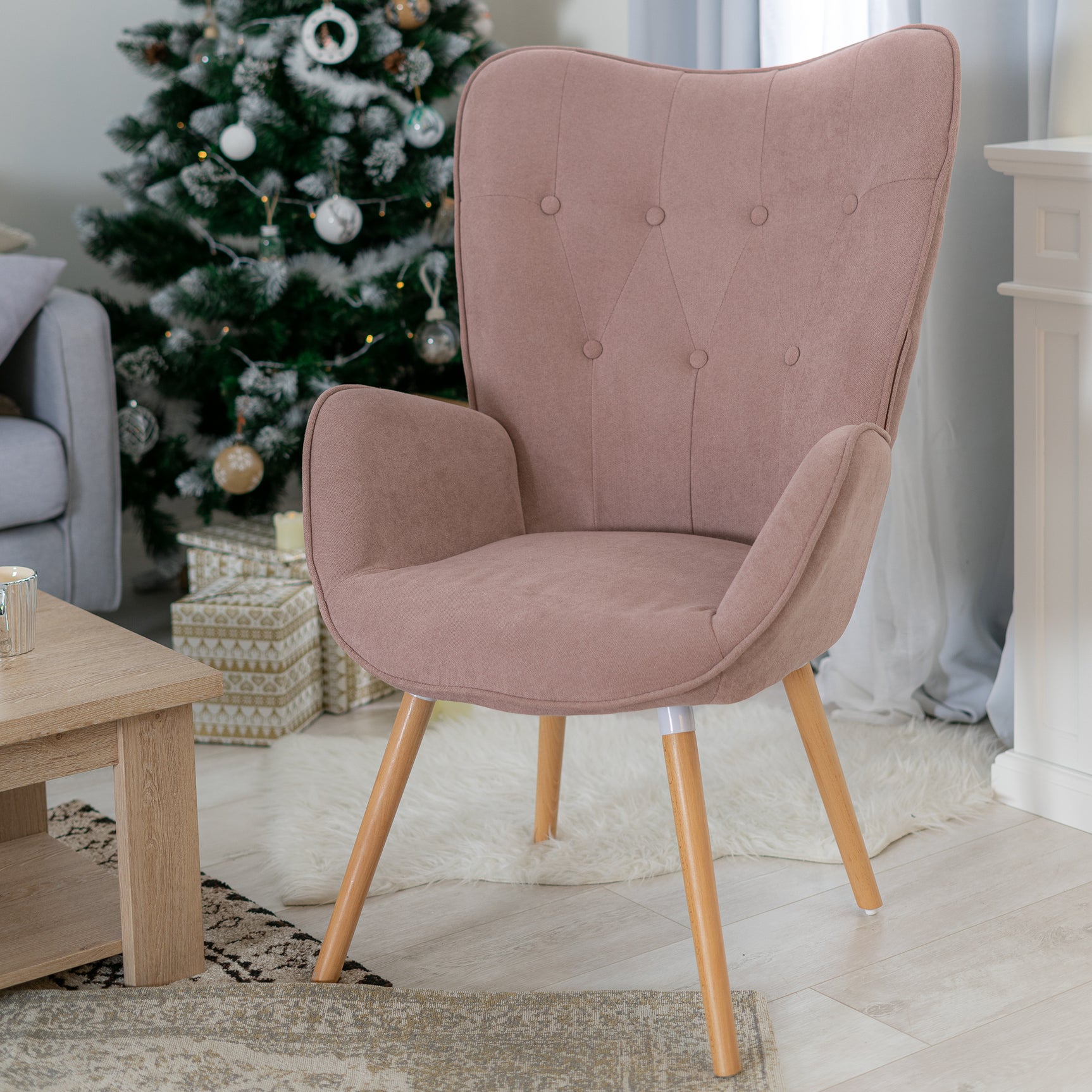 Scandinavian armchair padded with comfortable back with pink fabric armrests, solid beech wood legs - KAS PINK FABRIC