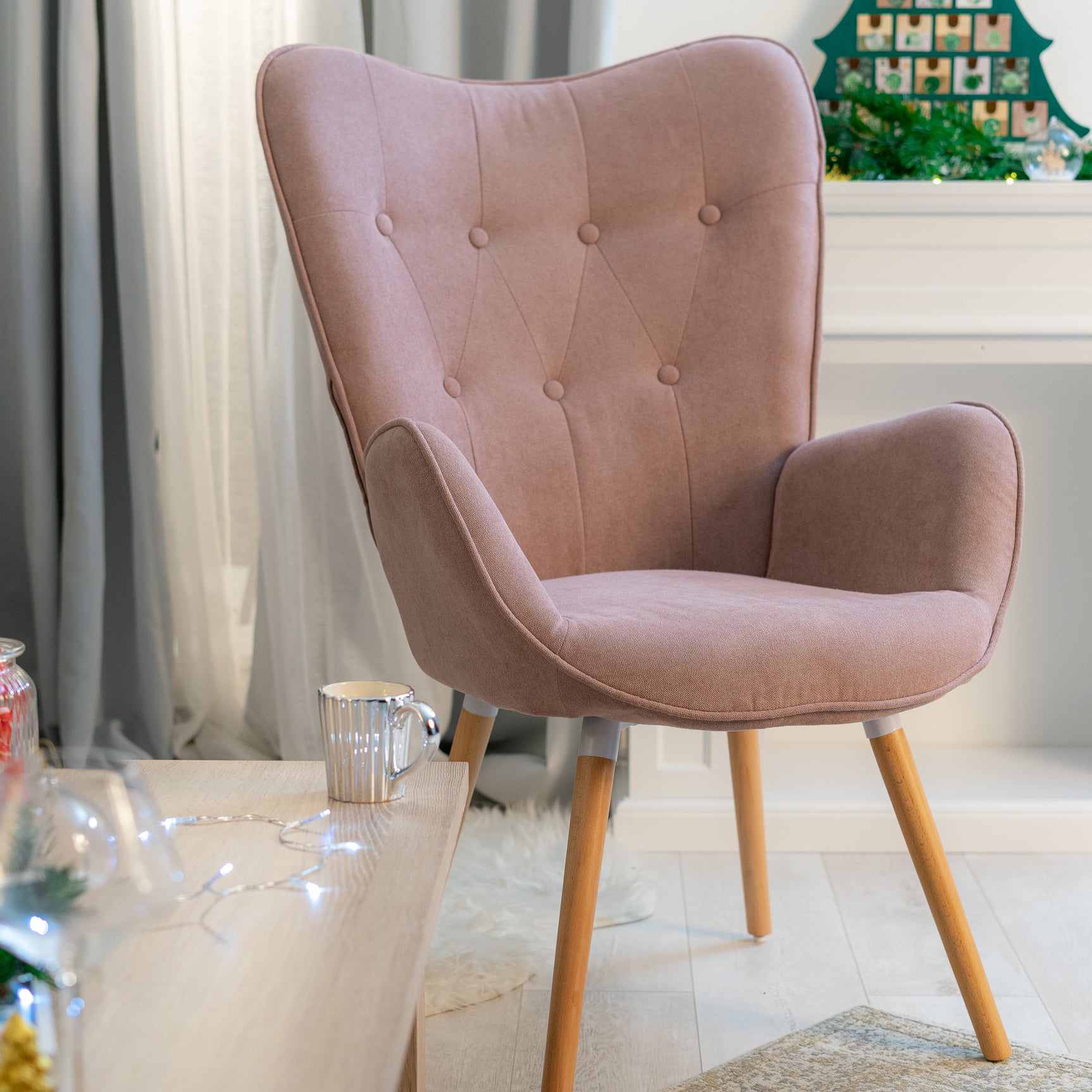 Scandinavian armchair padded with comfortable back with pink fabric armrests, solid beech wood legs - KAS PINK FABRIC