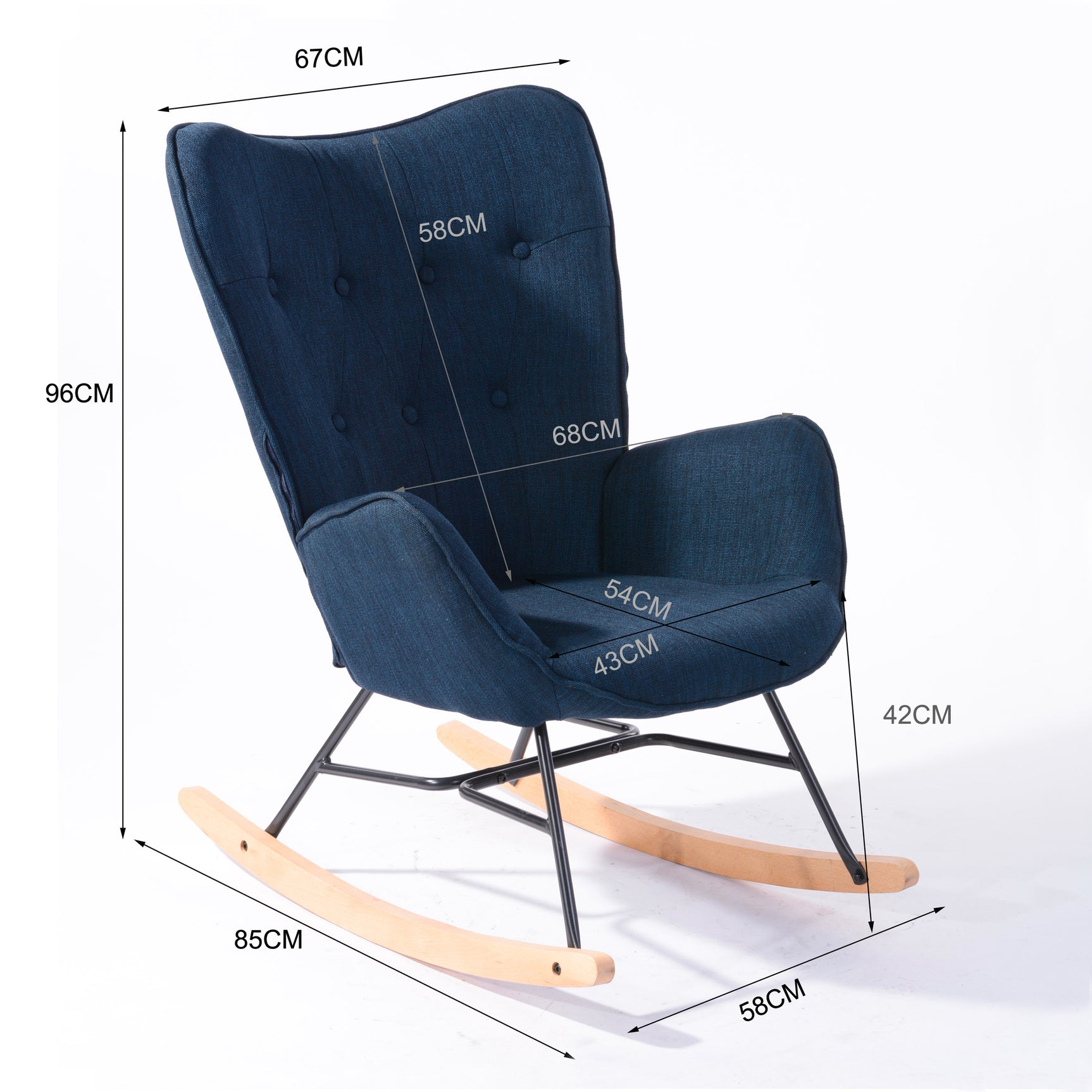 Scandinavian nursing rocking chair with padded blue fabric armrests - EPPING