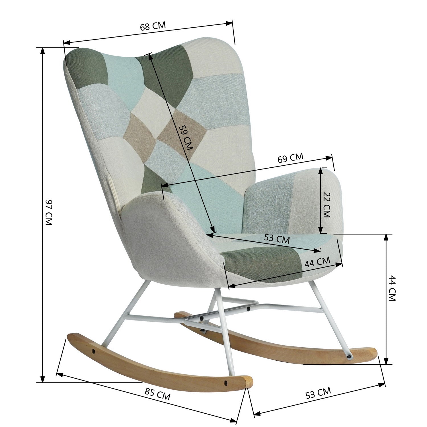 Scandinavian nursing rocking chair with armrests in padded aqua patchwork fabric - EPPING