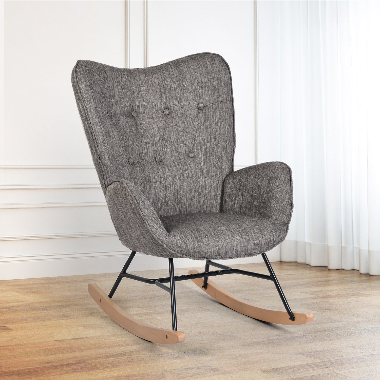 Comfortable rocking chair in dark gray fabric with armrests and padded back - EPPING DARK GRAY