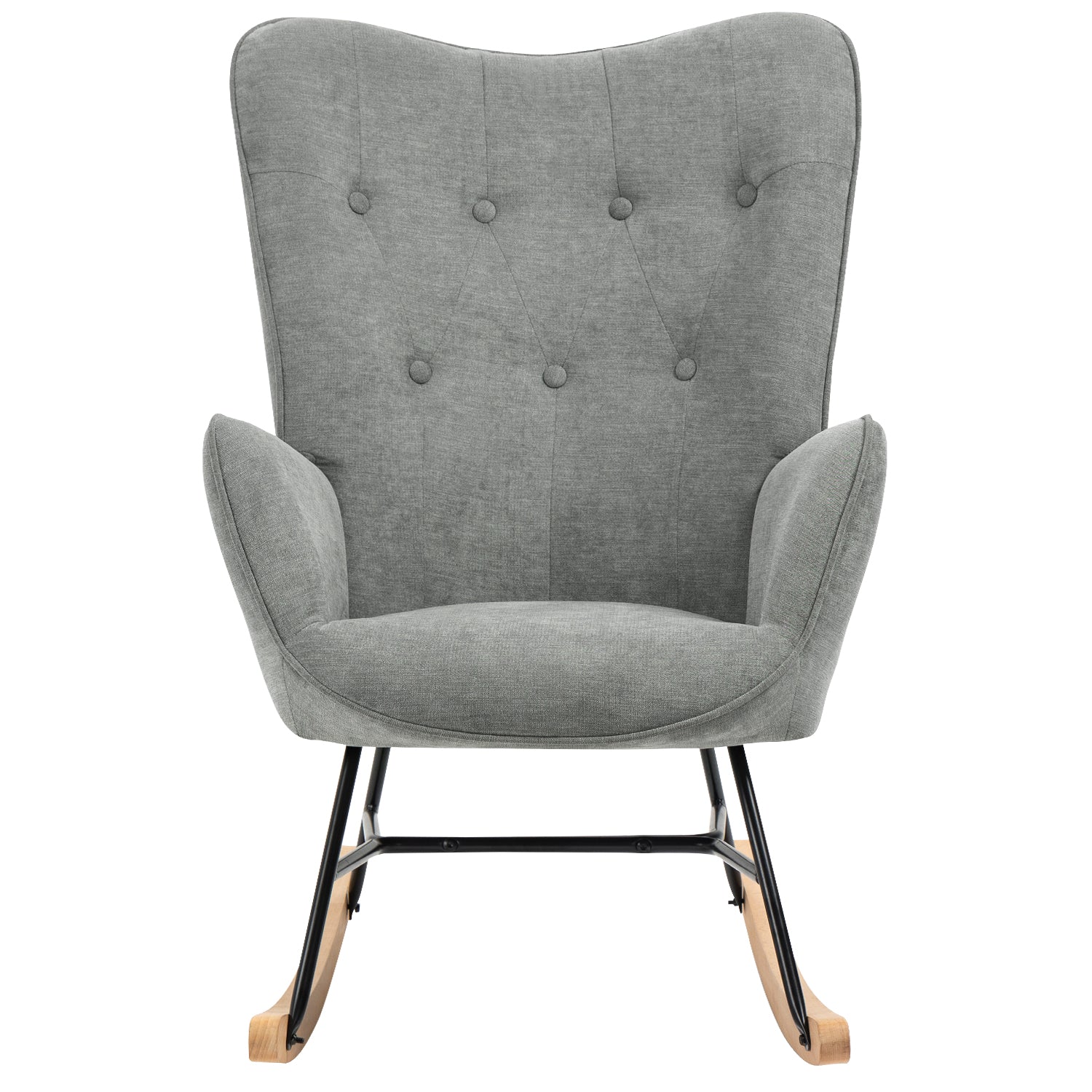 Scandinavian rocking chair in gray fabric with armrests and padded back - EPPING FABRIC GRAY NATURE WOOD LEG