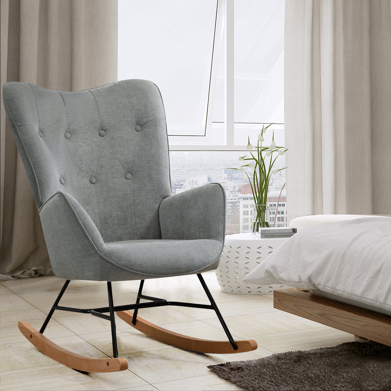 Scandinavian nursing rocking chair with padded gray fabric armrests - EPPING