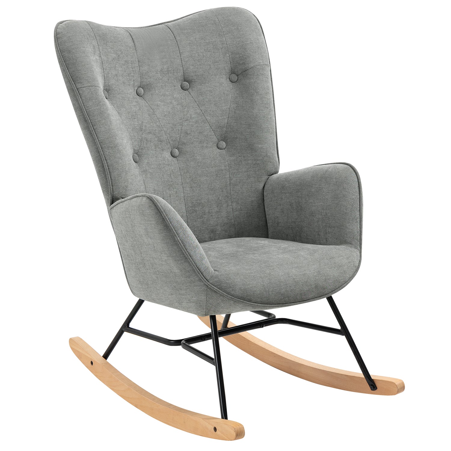 Fauteuil à bascule allaitement scandinave avec accoudoirs en tissu gris capitonné - EPPING