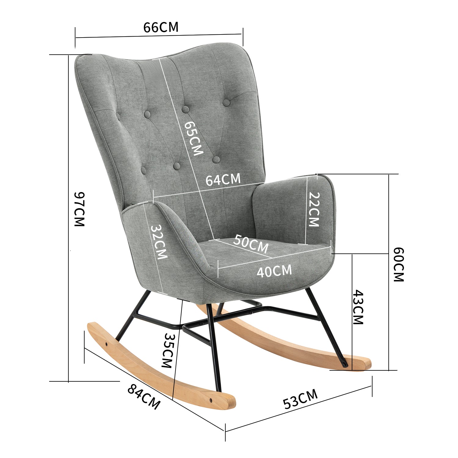 Scandinavian rocking chair in gray fabric with armrests and padded back - EPPING FABRIC GRAY NATURE WOOD LEG