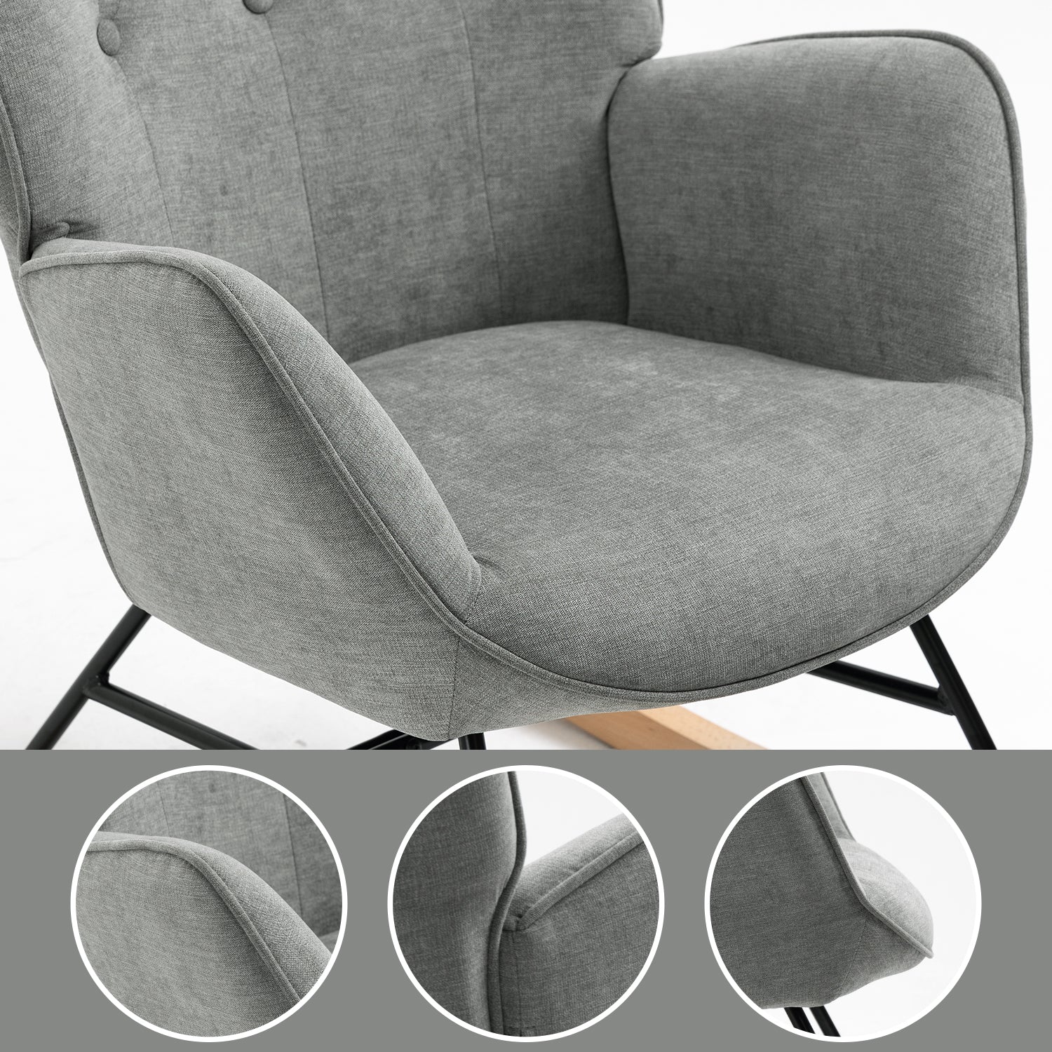 Scandinavian rocking chair in gray fabric with armrests and padded back - EPPING FABRIC GRAY NATURE WOOD LEG