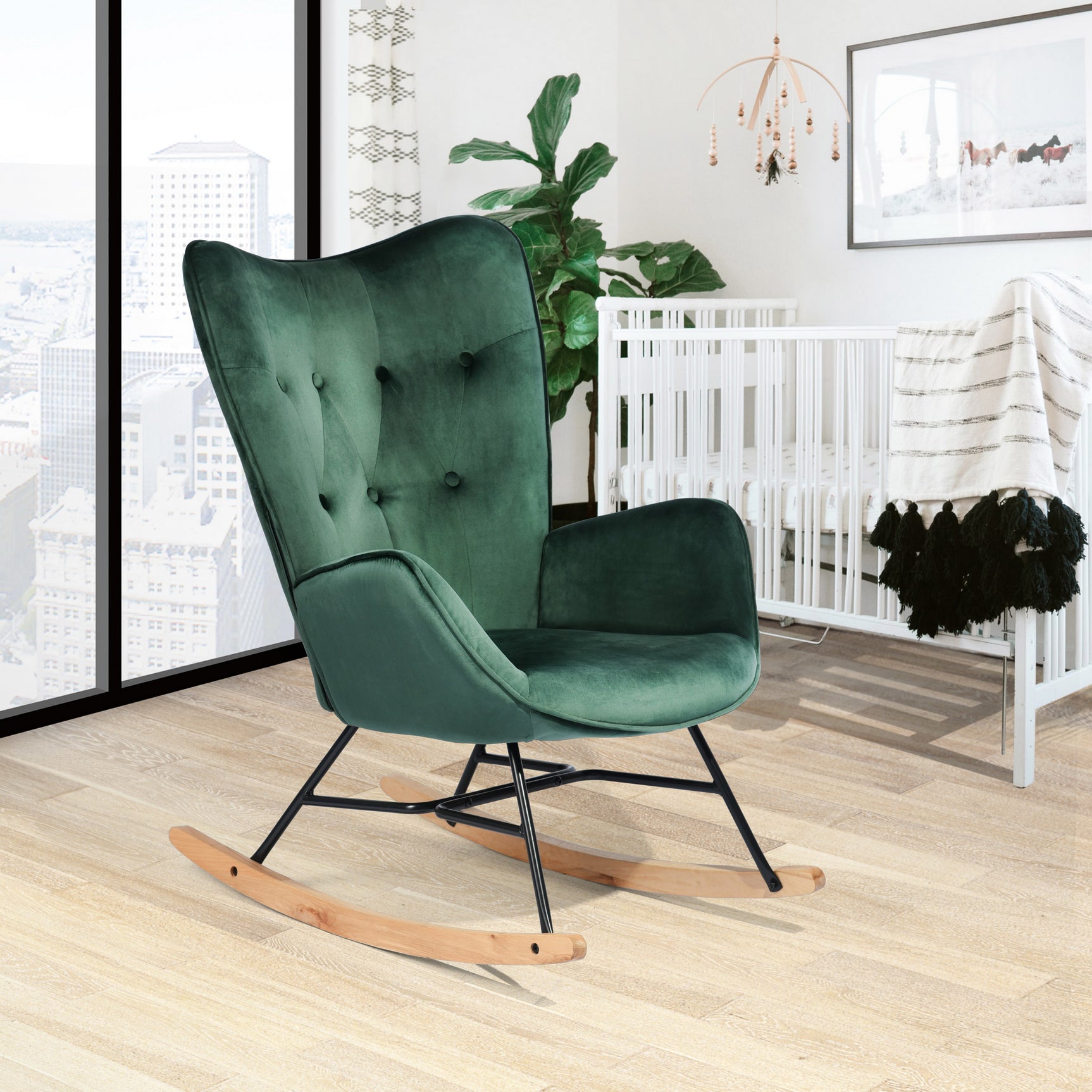 Comfortable rocking chair in dark green velvet - EPPING KD VELVET GREEN WOOD LEG