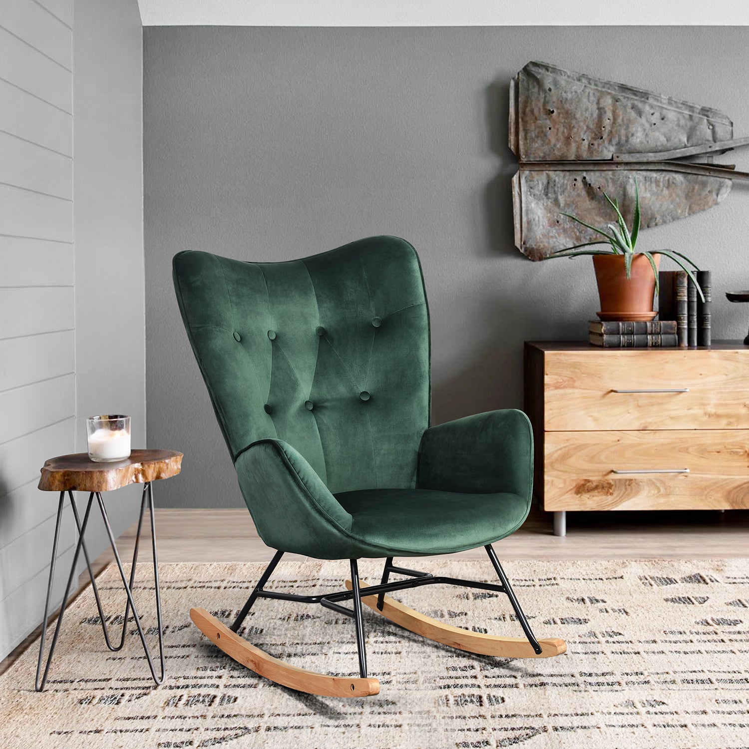 Comfortable rocking chair in dark green velvet - EPPING KD VELVET GREEN WOOD LEG