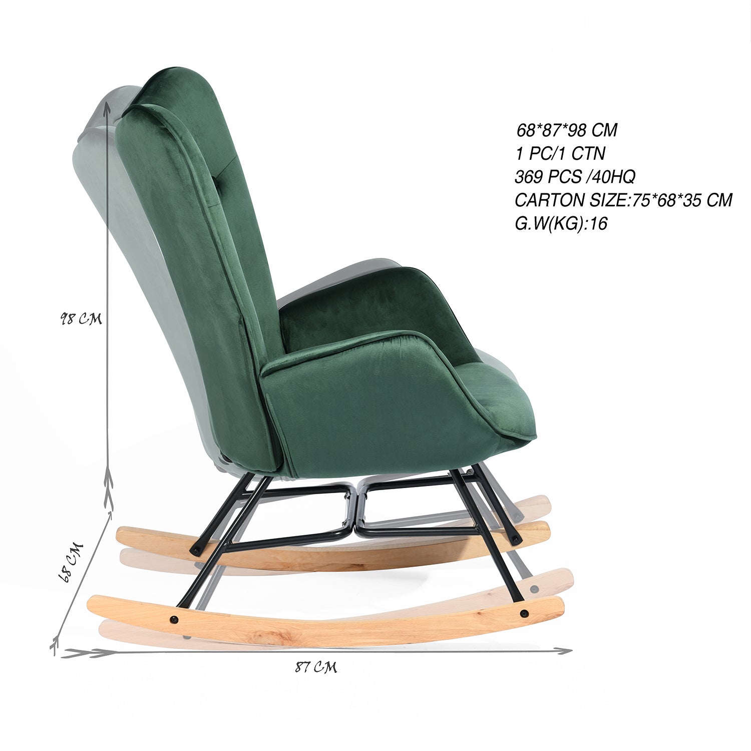 Comfortable rocking chair in dark green velvet - EPPING KD VELVET GREEN WOOD LEG