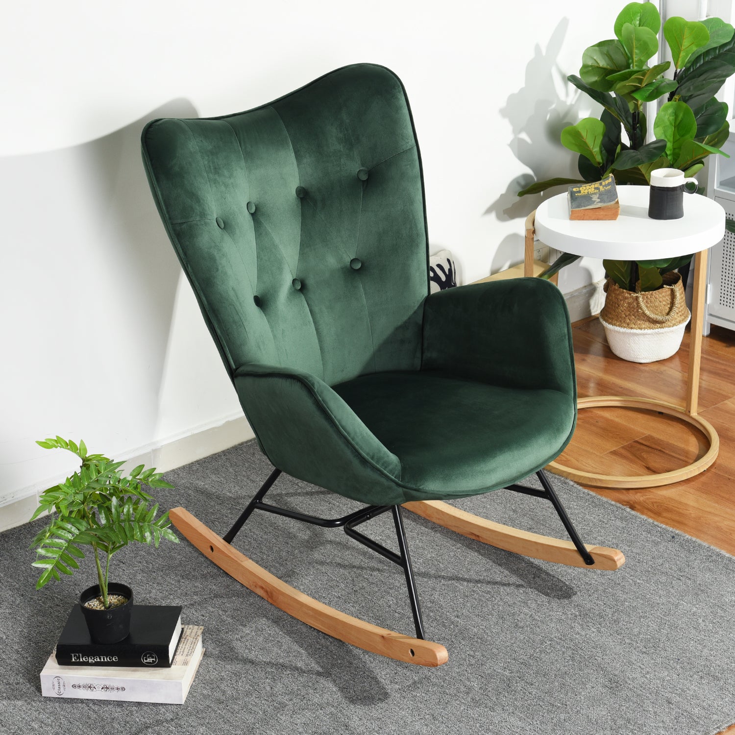 Fauteuil à bascule confortable en velours vert foncé - EPPING KD VELVET GREEN WOOD LEG