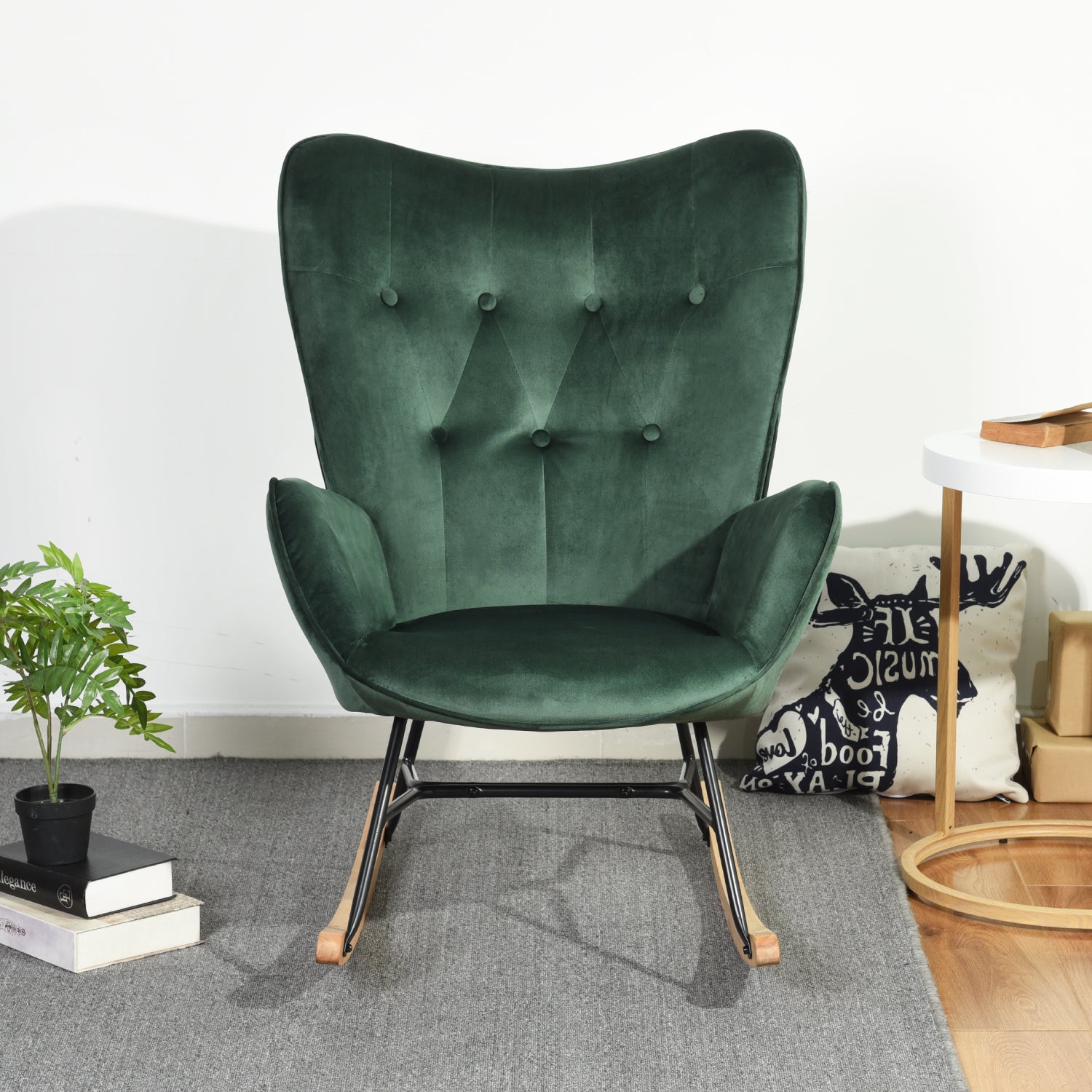 Comfortable rocking chair in dark green velvet - EPPING KD VELVET GREEN WOOD LEG