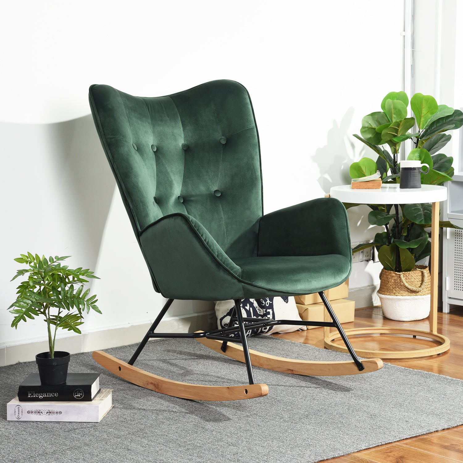 Comfortable rocking chair in dark green velvet - EPPING KD VELVET GREEN WOOD LEG