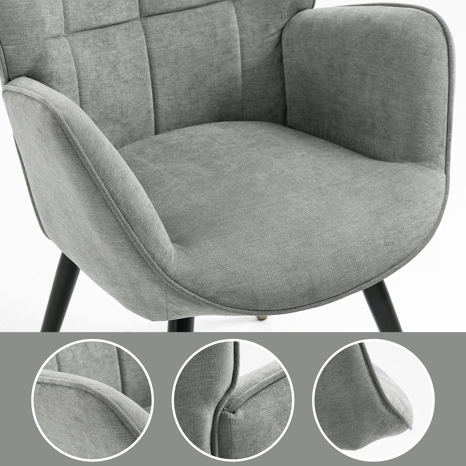 Sillón escandinavo, cómodo respaldo con reposabrazos de tela gris con costuras, patas de metal negro y dorado con costuras - FUNKEL