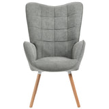 Scandinavian armchair with padded back, in gray fabric with stitching, solid wood legs - FUNKEL FABRIC GRAY NATURAL WOOD LEG