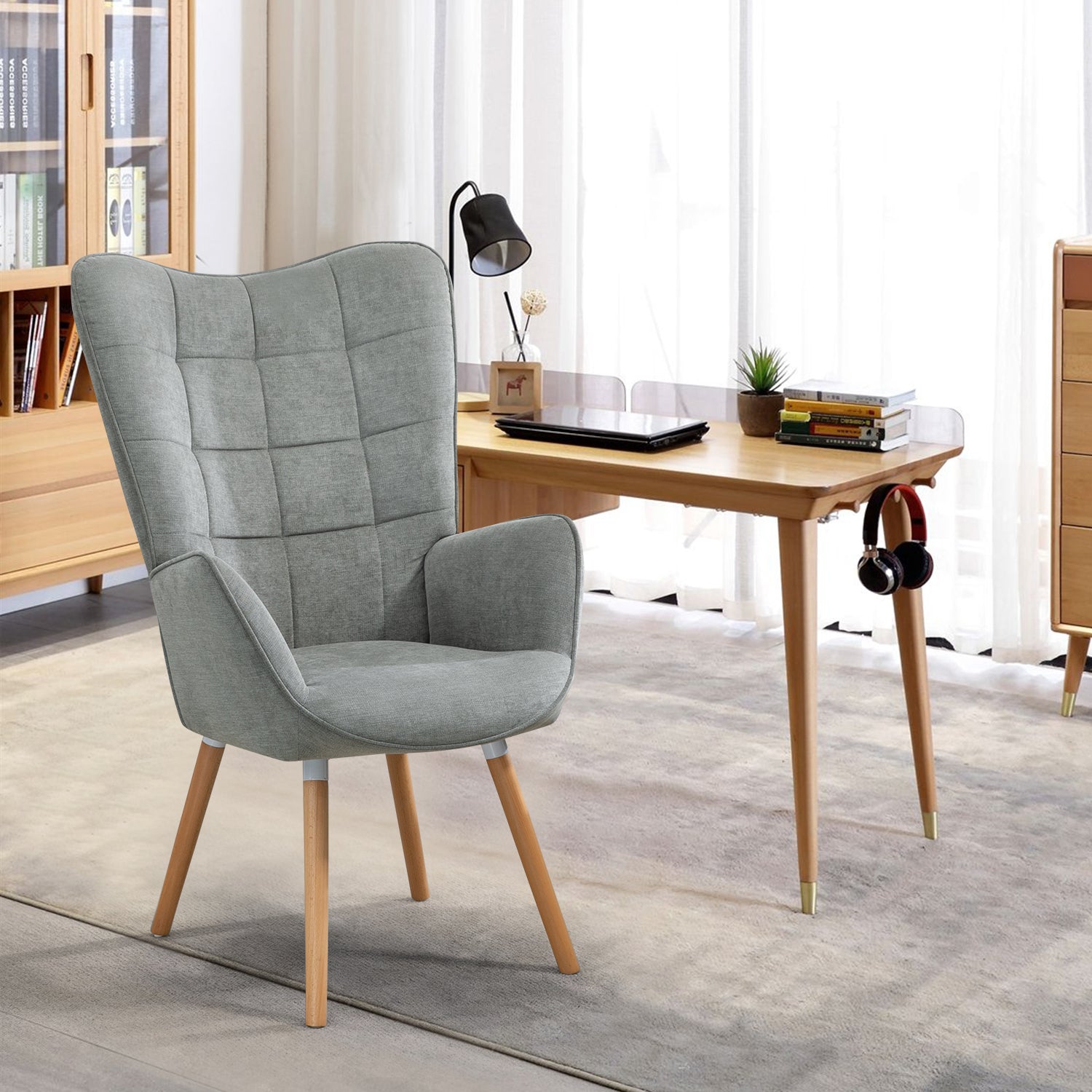 Scandinavian armchair with padded back, in gray fabric with stitching, solid wood legs - FUNKEL FABRIC GRAY NATURAL WOOD LEG