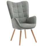 Scandinavian armchair with padded back, in gray fabric with stitching, solid wood legs - FUNKEL FABRIC GRAY NATURAL WOOD LEG