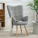 Scandinavian armchair with padded back, in gray fabric with stitching, solid wood legs - FUNKEL FABRIC GRAY NATURAL WOOD LEG