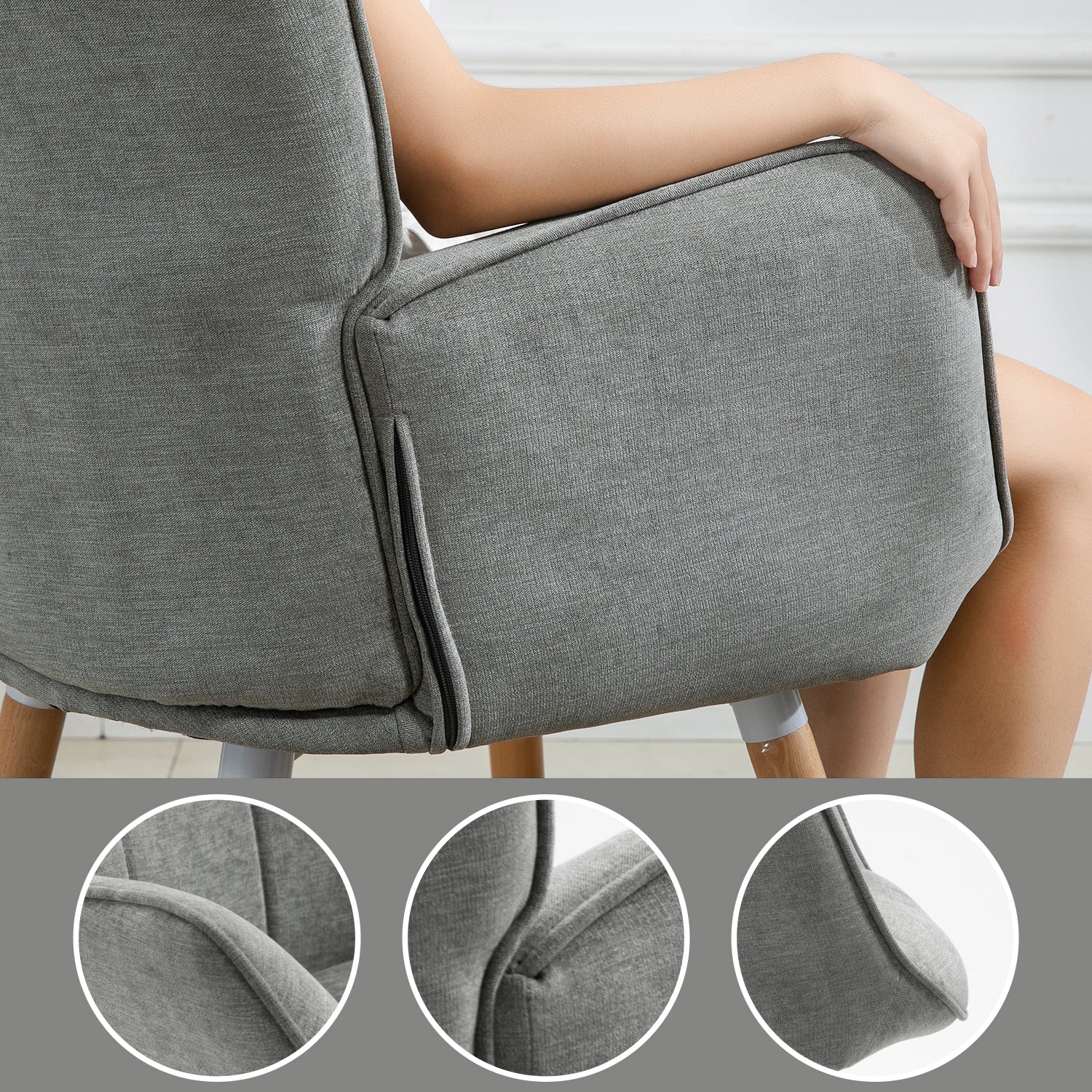 Scandinavian armchair with armrests in gray fabric with stitching - Funkel