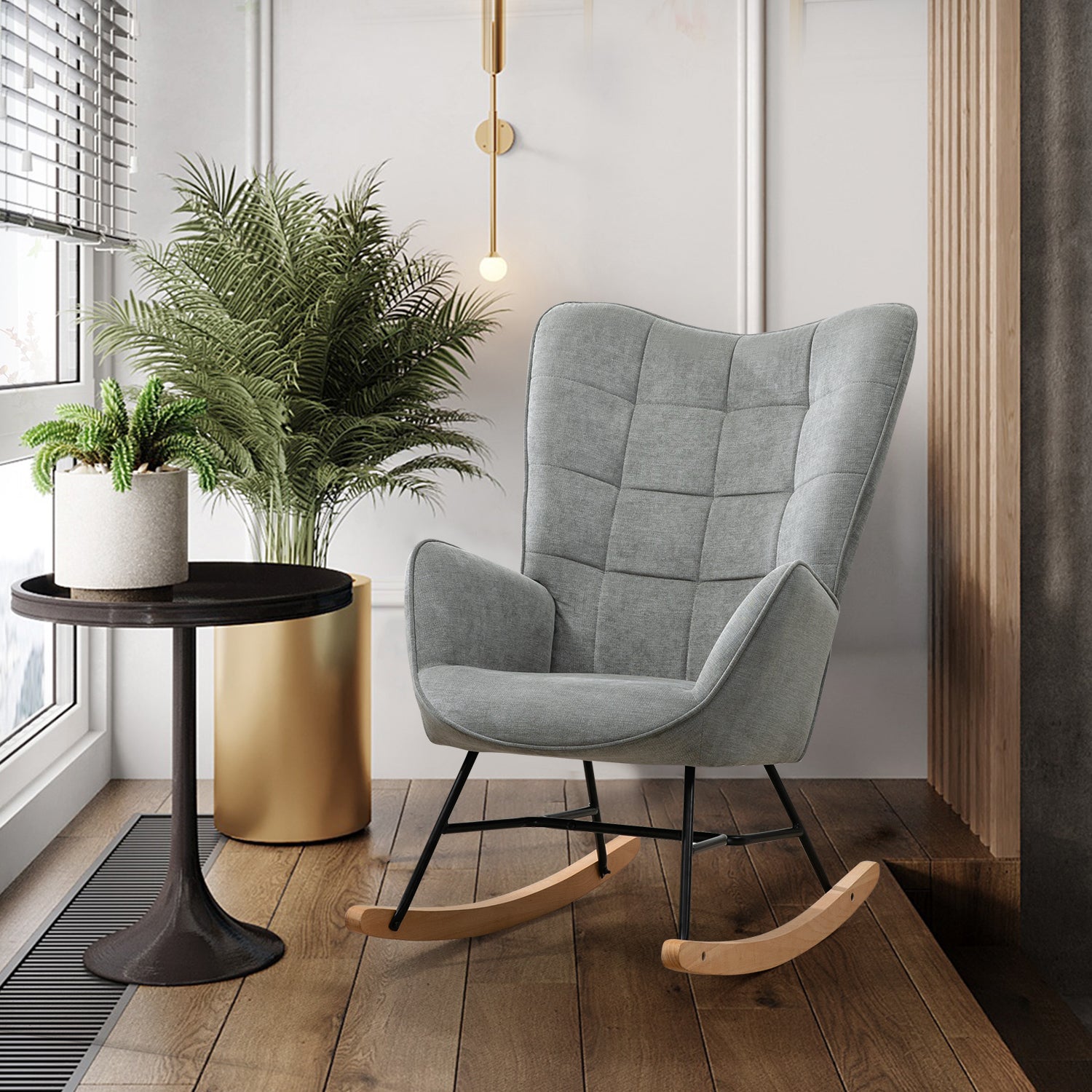 Fauteuil à bascule allaitement scandinave avec accoudoirs en tissu gris à surpiqûres - FUNKEL