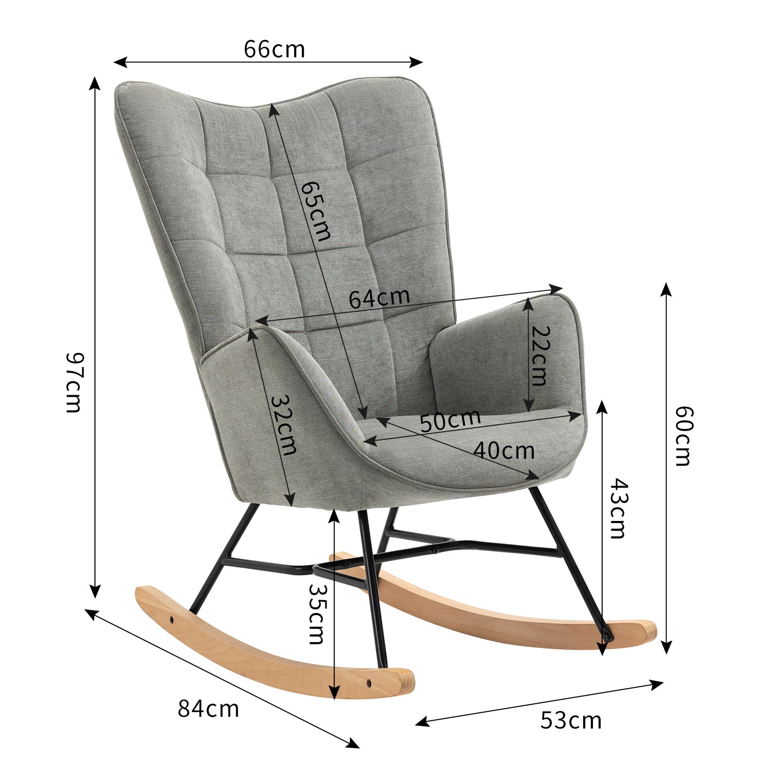 Sedia a dondolo per allattamento scandinava con braccioli in tessuto grigio con cuciture - FUNKEL