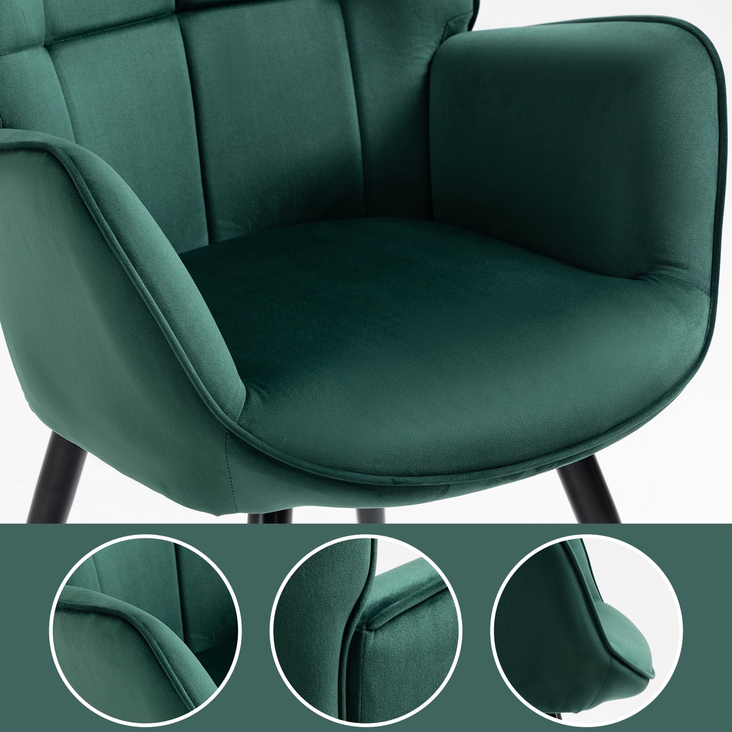 Sillón escandinavo con respaldo cómodo con reposabrazos de terciopelo verde con costuras, patas de metal negro y dorado - FUNKEL