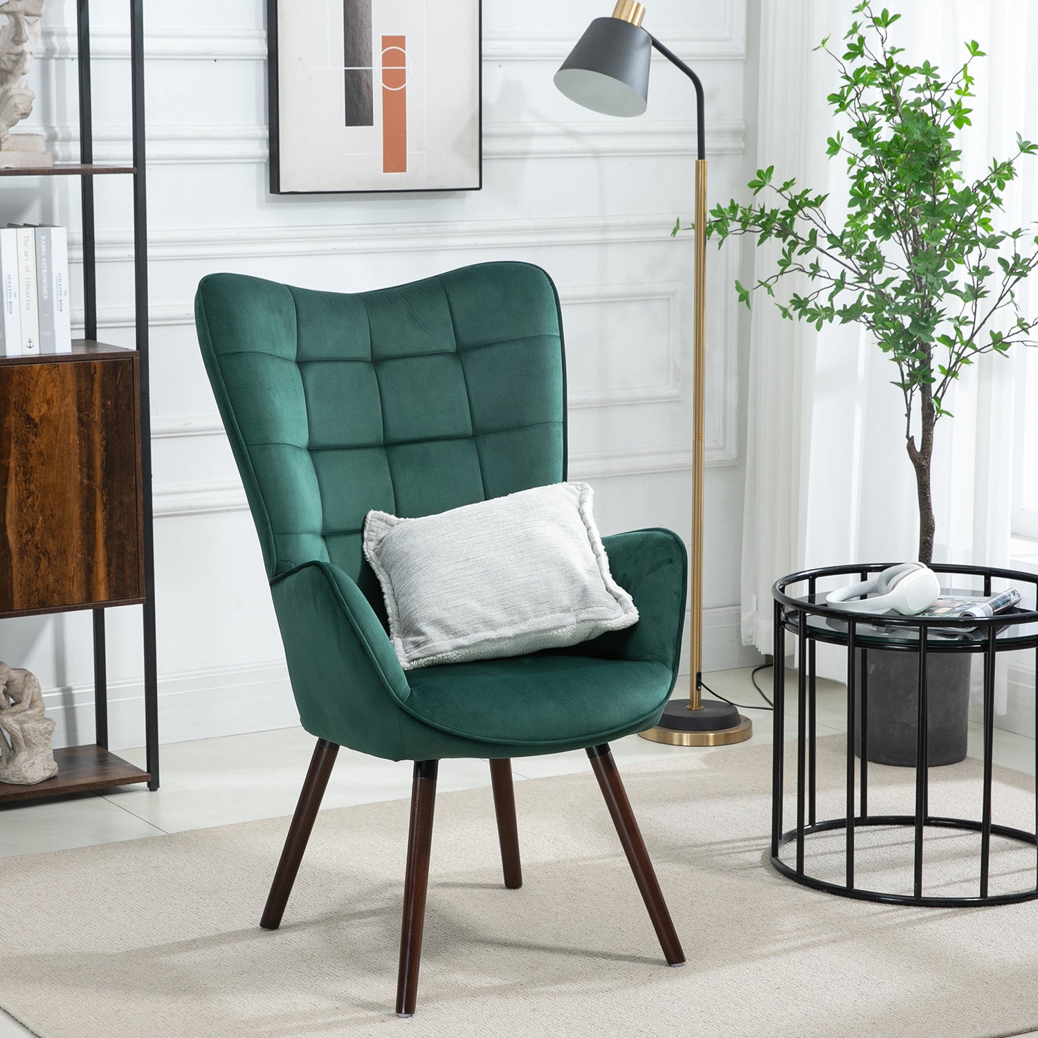 Scandinavian armchair with comfortable back and green velvet armrests with stitching - FUNKEL